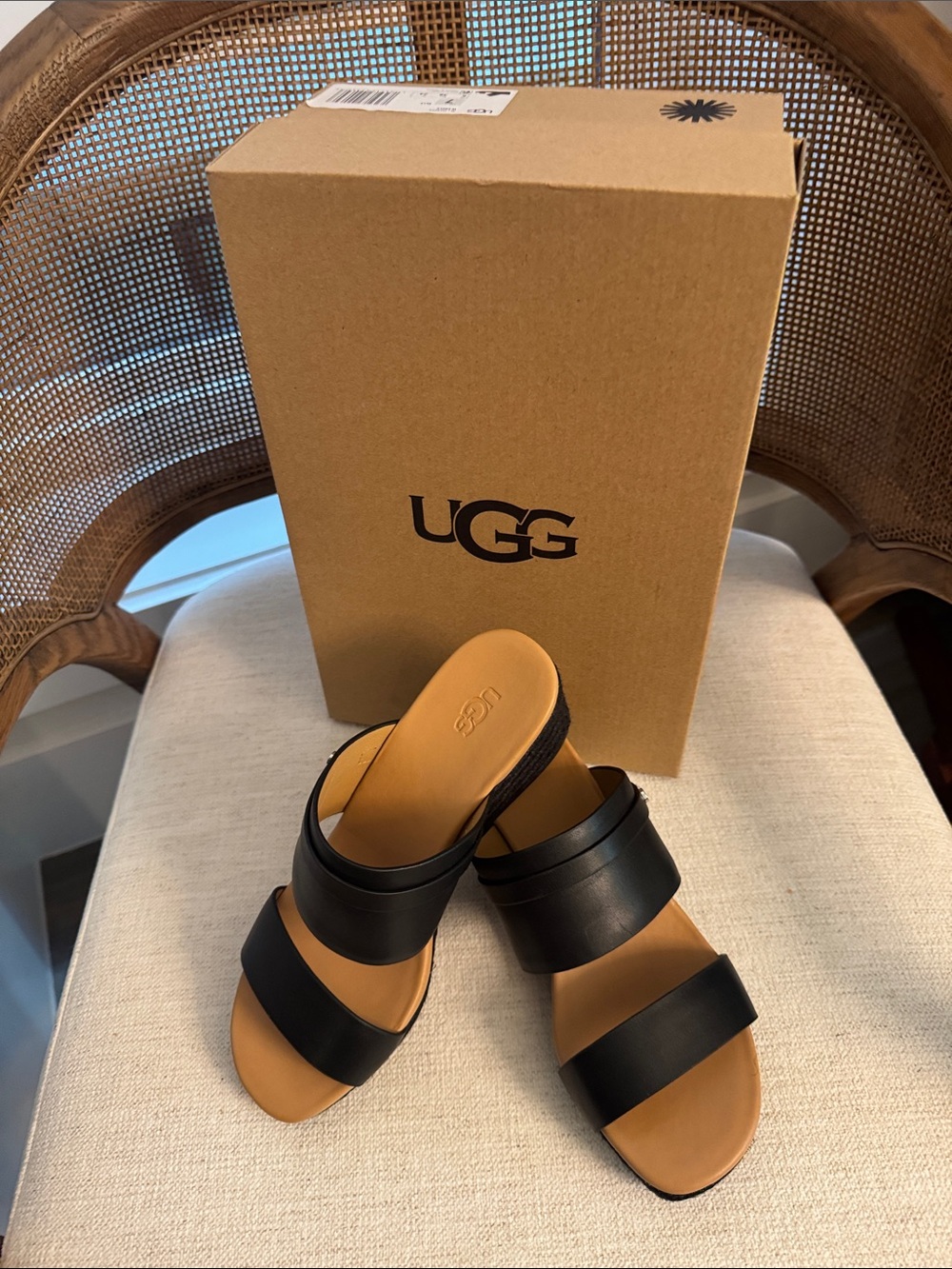 NWT UGG Black Leather Double-Band Slide Mules with Tan Footbed